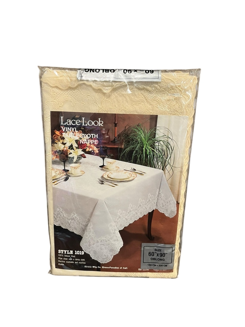 Vintage Elrene Lace Look Vinyl Tablecloth Nappe Style 1019 Ivory 60”x90” Oblong